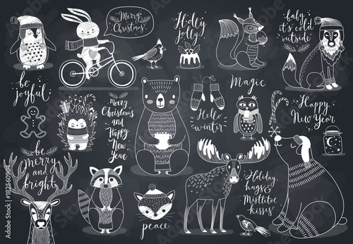 Cute forest animals set - chalkboard style.