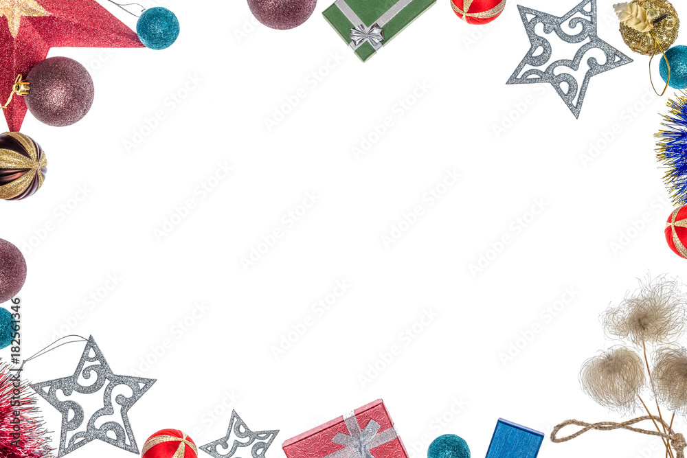 Ramka z ozdób świątecznych na Boże Narodzenie. Bombki, gwiazdki choinkowe i  prezenty. Stock Photo | Adobe Stock