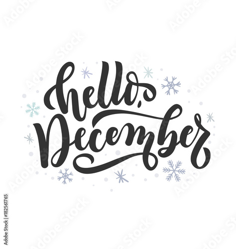 Hello december lettering card with snowlakes. Hand drawn inspirational winter quote  with doodles. Winter greeting card. Motivational print for invitation cards  brochures  poster  t-shirts  mugs