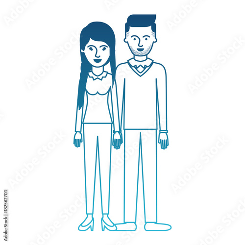 couple in degraded blue silhouette and her with blouse long sleeve and pants and heel shoes with braid and fringe hairstyle and him stubble beard and sweater and pants and shoes with side parted