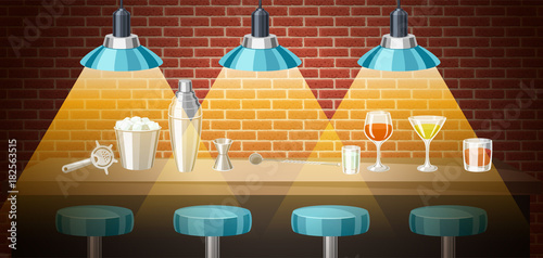 Bar counter in pub or night club. Illustration of interior with accessories, beverages and cocktails