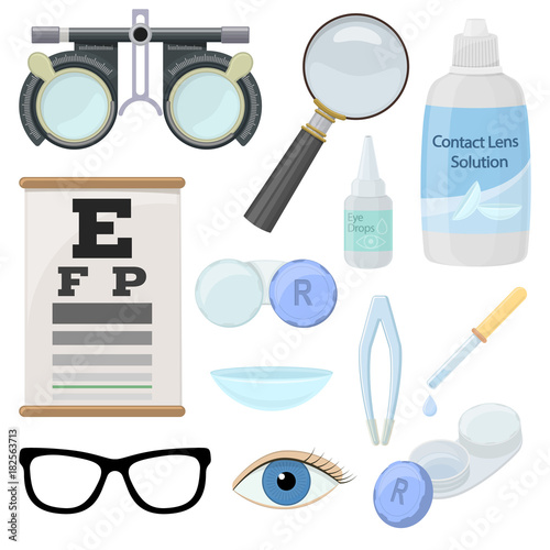 Set of medical optometry accessory for correct vision - contact lens,  solution, lens case eye test chart, glasses. Vector