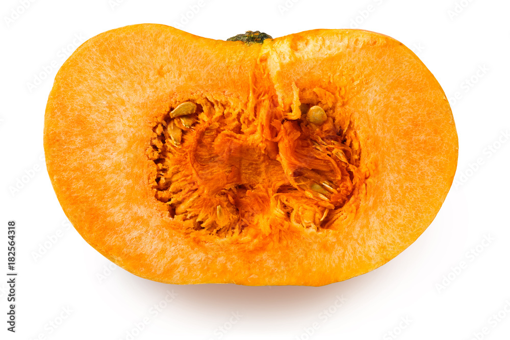 Half of a yellow pumpkin on a white background