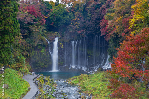 shiraito Waterfall in autumn season with green and red maple tree. the Waterfall in the southwestern foothills of mountain Fuji. Japan