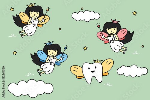 cute colorful tooth fairy flying with teeth