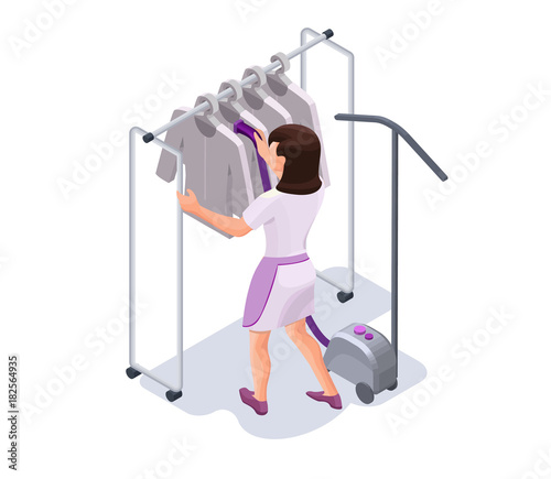 Steaming clothes with steamer, laundress or dry cleaners worker making clothes smooth with steam, isometric 3d vector illustration