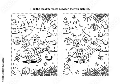 Winter holidays, New Year or Christmas themed find the ten differences picture puzzle and coloring page with owl holding glass beads garland for trimming the fir tree.
