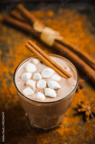 Hot chocolate with marshmallow on the wooden background. Shallow depth of field. Toned image.