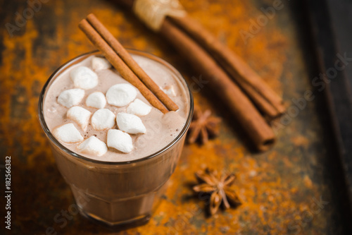 Hot chocolate with marshmallow on the wooden background. Shallow depth of field. Toned image.