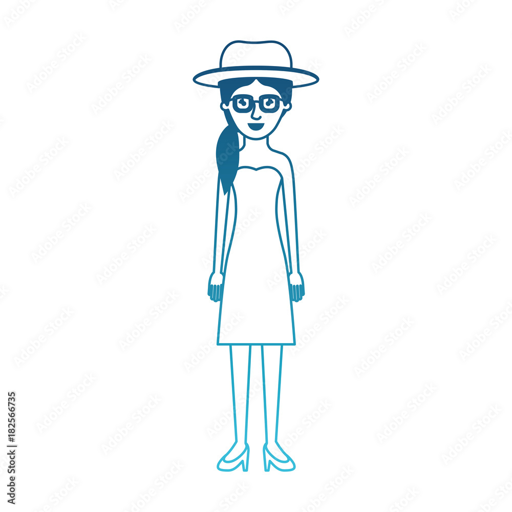 woman with hat and glasses and strapless dress and heel shoes with pigtail hairstyle in degraded blue silhouette vector illustration