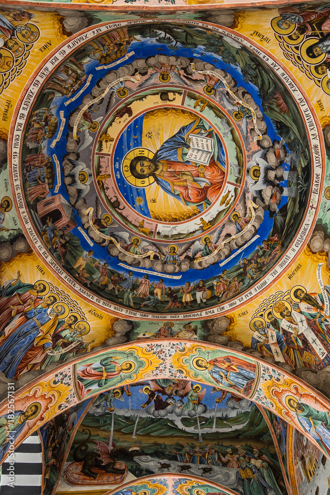 Fresco of Jesus Christ on the ceiling of outer corridor of RIla Monastery, Bulgaria
