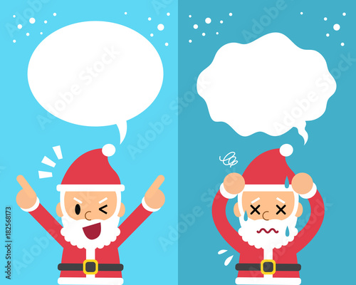 Cartoon Santa Claus expressing different emotions with speech bubbles