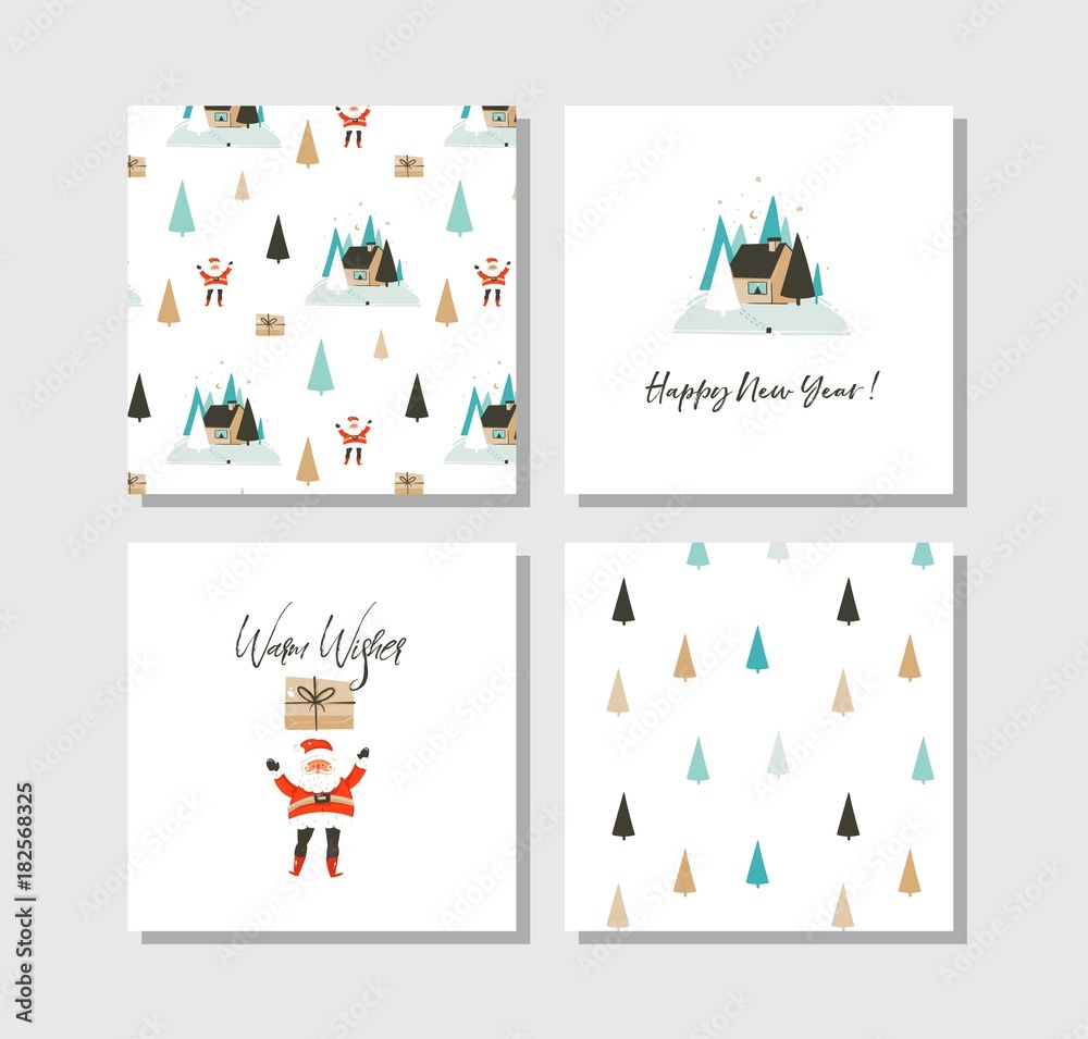 Fototapeta Hand drawn vector abstract fun Merry Christmas time cartoon cards collection set with cute illustrations,surprise gift boxes,Santa Claus and modern calligraphy isolated on white background