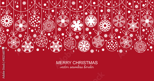 White seamless snow flake border isolated on red background, Christmas design for greeting card. Vector illustration, merry xmas snowflake header or banner, wallpaper or backdrop decor