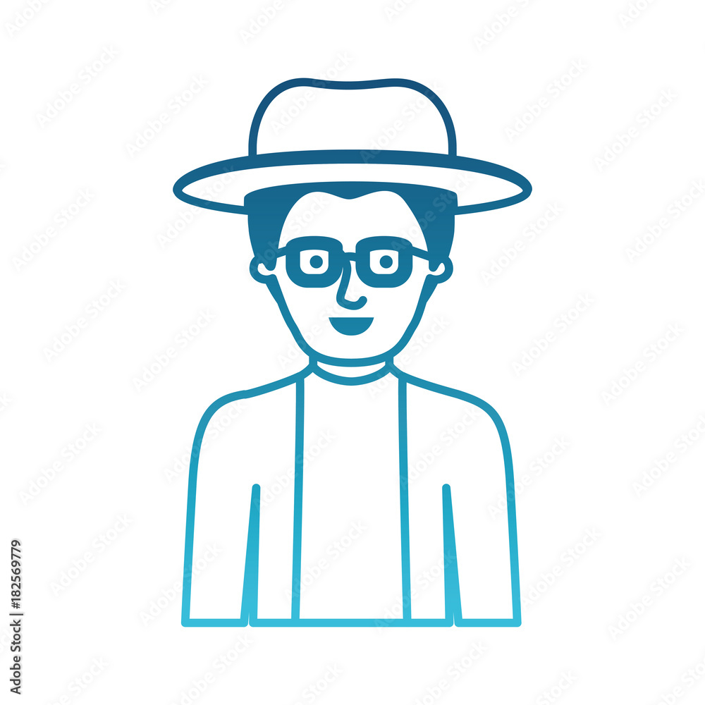 man half body with hat and glasses and jacket with short hair in degraded blue silhouette vector illustration