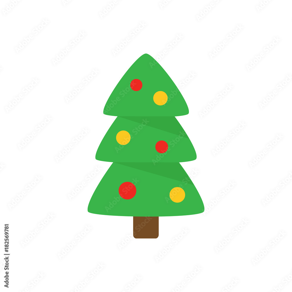 Christmas tree with ornaments. Festive xmas tree vector graphic icon. Green christmas conifer tree with red and yellow, gold ball ornaments. Christmas tree with ornaments. Festive xmas tree vector graphic icon. Green christmas conifer tree with red and yellow, gold ball ornaments.