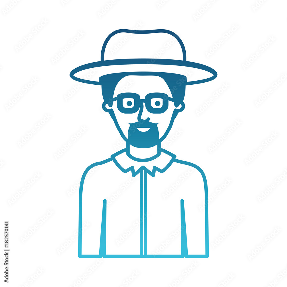 man half body with hat and glasses and shirt with short hair and goatee beard in degraded blue silhouette vector illustration
