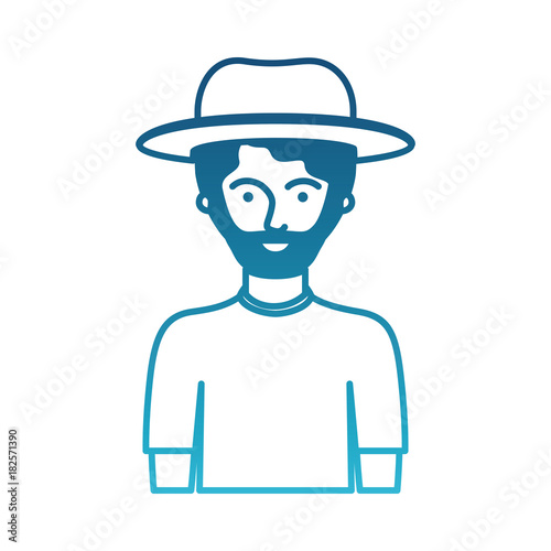 man half body with hat and t-shirt with short hair and beard in degraded blue silhouette vector illustration