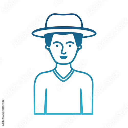 man half body with hat and sweater with short hair in degraded blue silhouette vector illustration