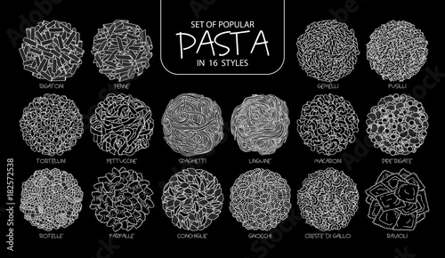 Set of isolated popular pasta in 16 styles. Cute hand drawn vector illustration of Italian food only white outline.