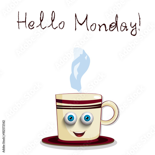 Cute Cartoon smiling Cup with blue sleepy eyes with streaks and