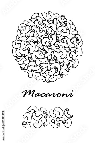 Poster design for traditional Italian pasta, Macaroni in black outline and white plane on white background.