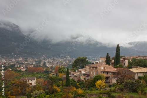 View of Biniaraix, a small village in Soller Valley surrounded by the Serra de Tramuntana mountains. Majorca, Spain