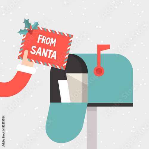 Letter from Santa. Hand holding a decorated envelope. Mailbox. Correspondence. Flat vector illustration, clip art. Xmas. Christmas and New Year