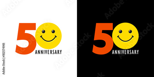 50 years old smiling logo. Congratulating celebrating 50th, 5th numbers, logotype with emotions. Isolated humorous colored greetings on black and white background or % off.