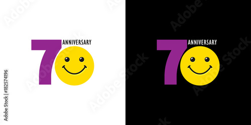 70 years old smiling logo. Congratulating celebrating 70th, 7th numbers, logotype with emotions. Isolated humorous colored greetings on black and white background or % off.