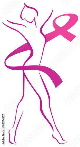 Stylized vector woman silhouette and breast cancer awareness pink ribbon