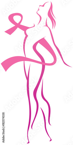Stylized woman silhouette and breast cancer awareness pink ribbon. Concept women's health and medicine