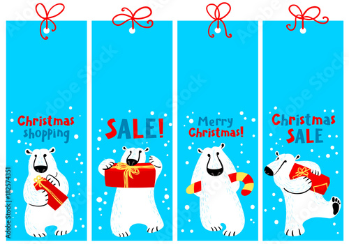 Christmas shopping tags with polar beer. Labels with cute flat arctic and antarctic animal.
