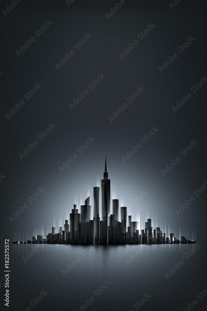 Abstract futuristic city or architectural building on dark backgroud with light. Future technology concept for designer. 3d render.