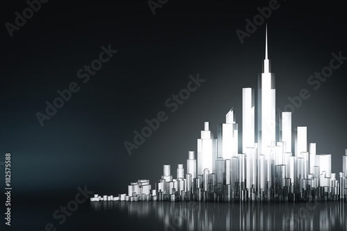 Abstract futuristic glass city or architectural building on dark backgroud with light. Future technology concept for designer. 3d render.