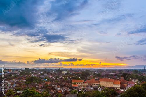 City landscape, top view, against the sunset. Yogyakarta, Jawa, Indonesia.