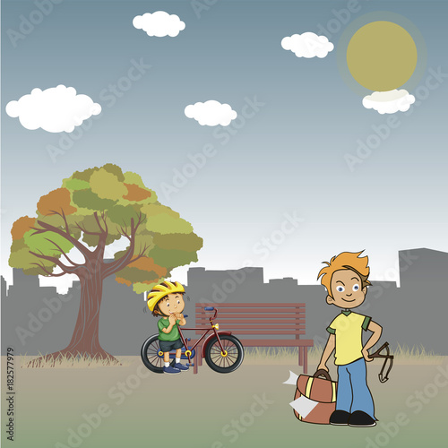 In a public park, a schoolboy hoodlum observes a bicyclist.