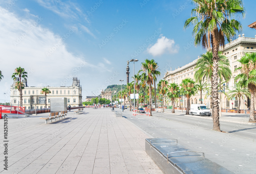 View of embankment of Barcelona at summer day, Barcelona, Catalonia Spain