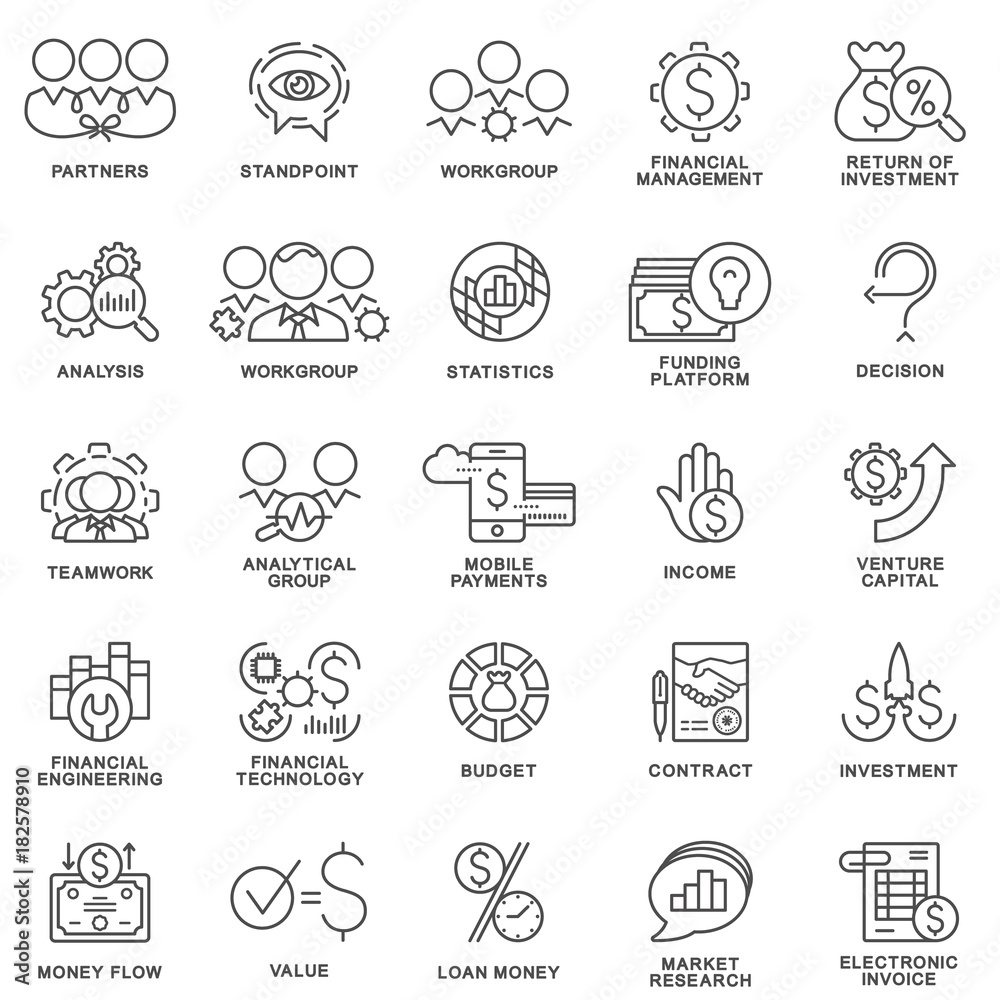 Outline web icon set - money, finance, payments. Working group for the development of business projects. The thin contour lines.