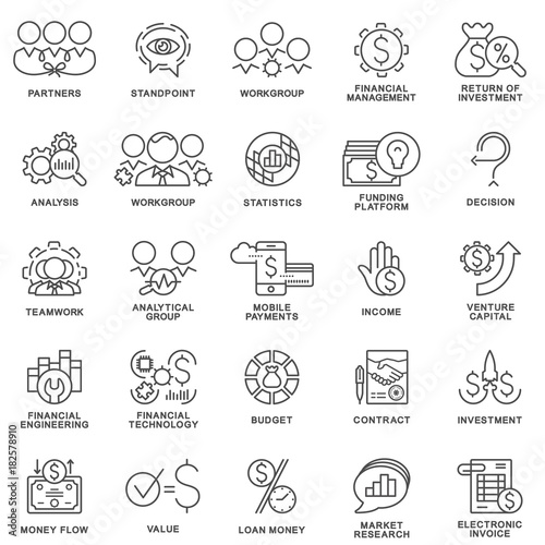 Outline web icon set - money, finance, payments. Working group for the development of business projects. The thin contour lines.