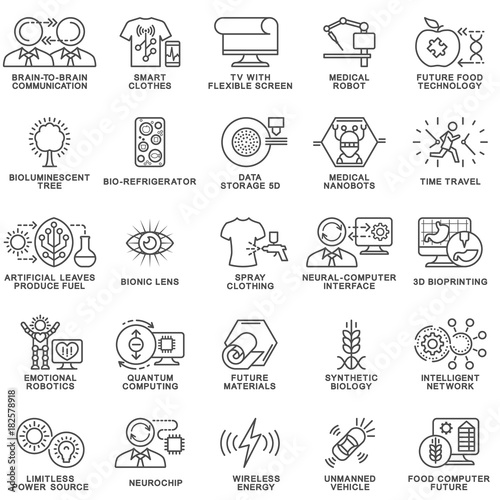 Icons of future technologies. Nanotechnology, robotization and cloning in medicine, neuroprosthetics, the creation of new materials and products, solar energy. Thin contour lines.