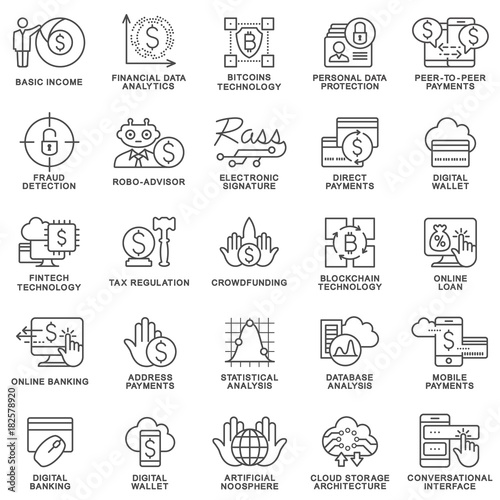 Icons of fintech technologies in the sphere of safe payments, money transfers, financial analytics.. Thin contour lines.