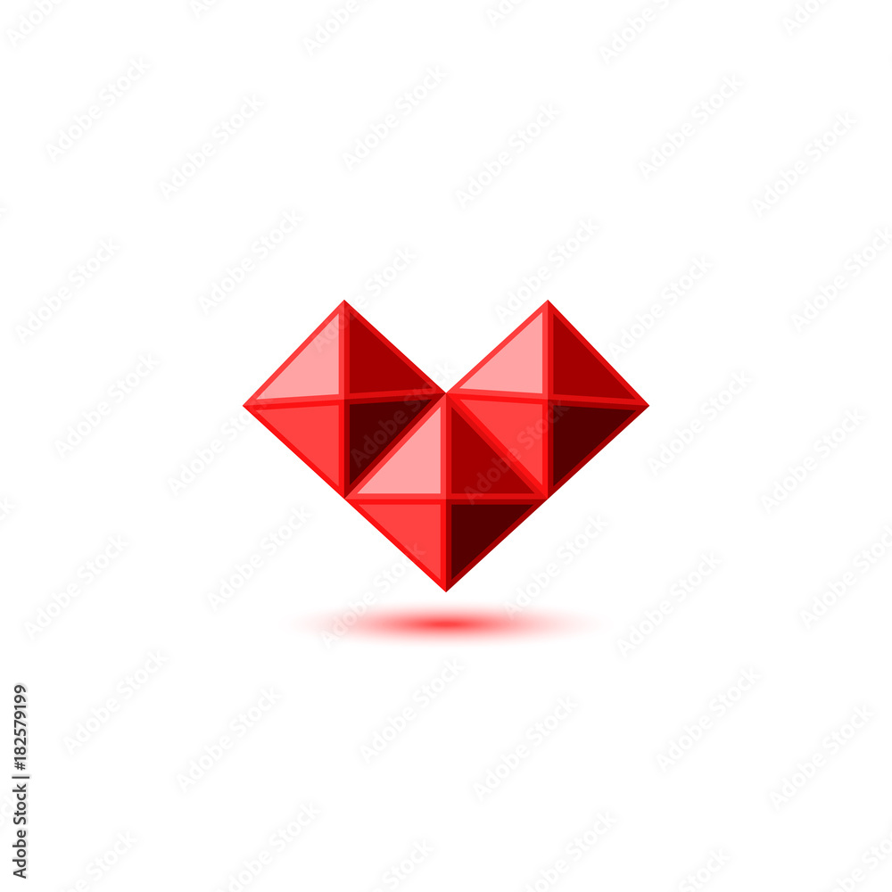 Crystal red ruby heart logo in gemstone faceted style. 3d geometric three pyramid shape with shadow. Design element template valentines day love symbol, wedding card emblem. Crystal red ruby heart logo in gemstone faceted style. 3d geometric three pyramid shape with shadow. Design element template valentines day love symbol, wedding card emblem.