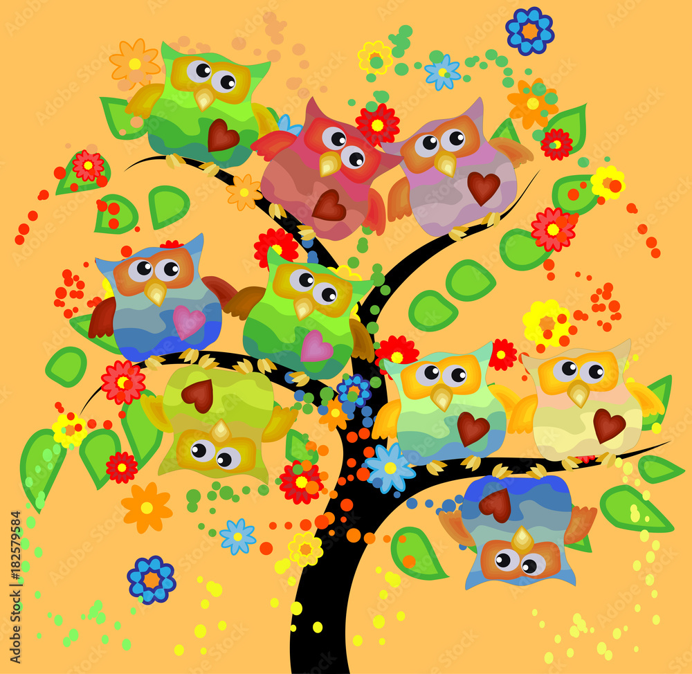 Bright cute cartoon owls sit on the flowering branches of fantastic trees