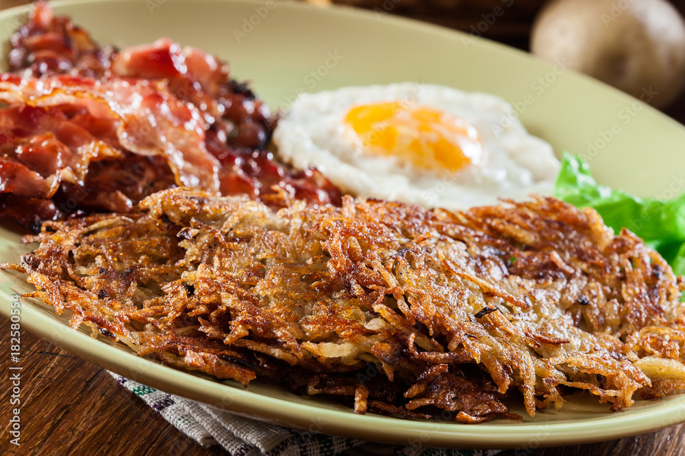 Hash browns. Potato pancakes with crispy fried bacon and fried egg Hash browns. Potato pancakes with crispy fried bacon and fried egg