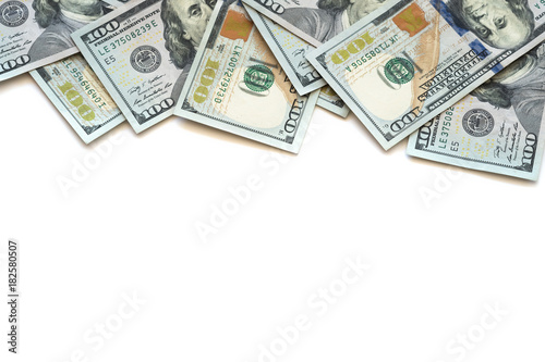 Pile of one hundred US Dollar Bills money isolated on white background with copy space for your text.