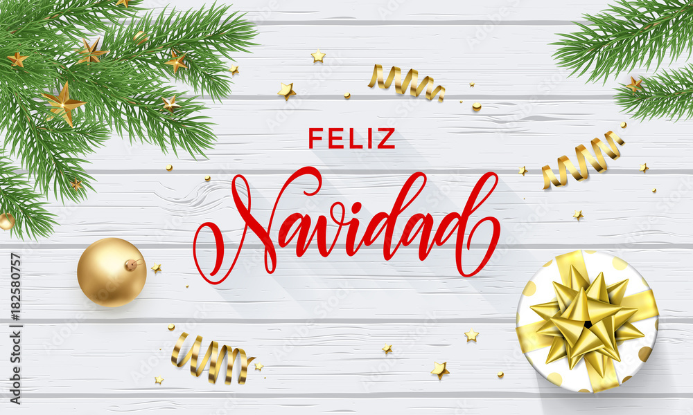 Feliz Navidad Spanish Merry Christmas Golden Decoration And Calligraphy Font On White Wooden Background For Greeting Card Vector Or New Year Gold Shiny Star Xmas Tree Winter Holiday Stock