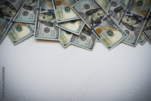 Pile of one hundred US Dollar Bills money isolated on white background with copy space for your text.