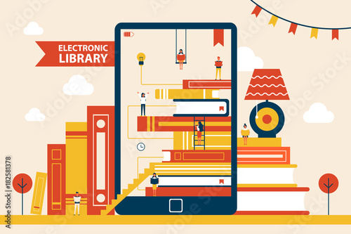 Electronic Library Promo Poster with Huge Tablet