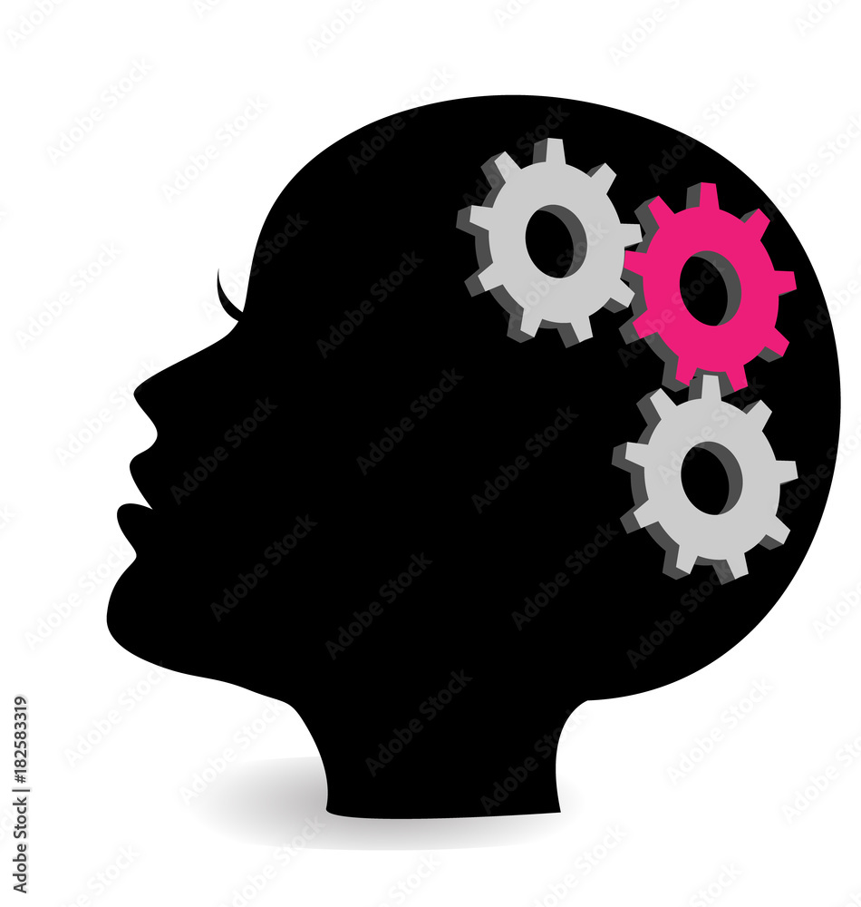 Woman head with gears and cogs. Thinking process, idea generation, brain functioning. Woman head with gears and cogs. Thinking process, idea generation, brain functioning.